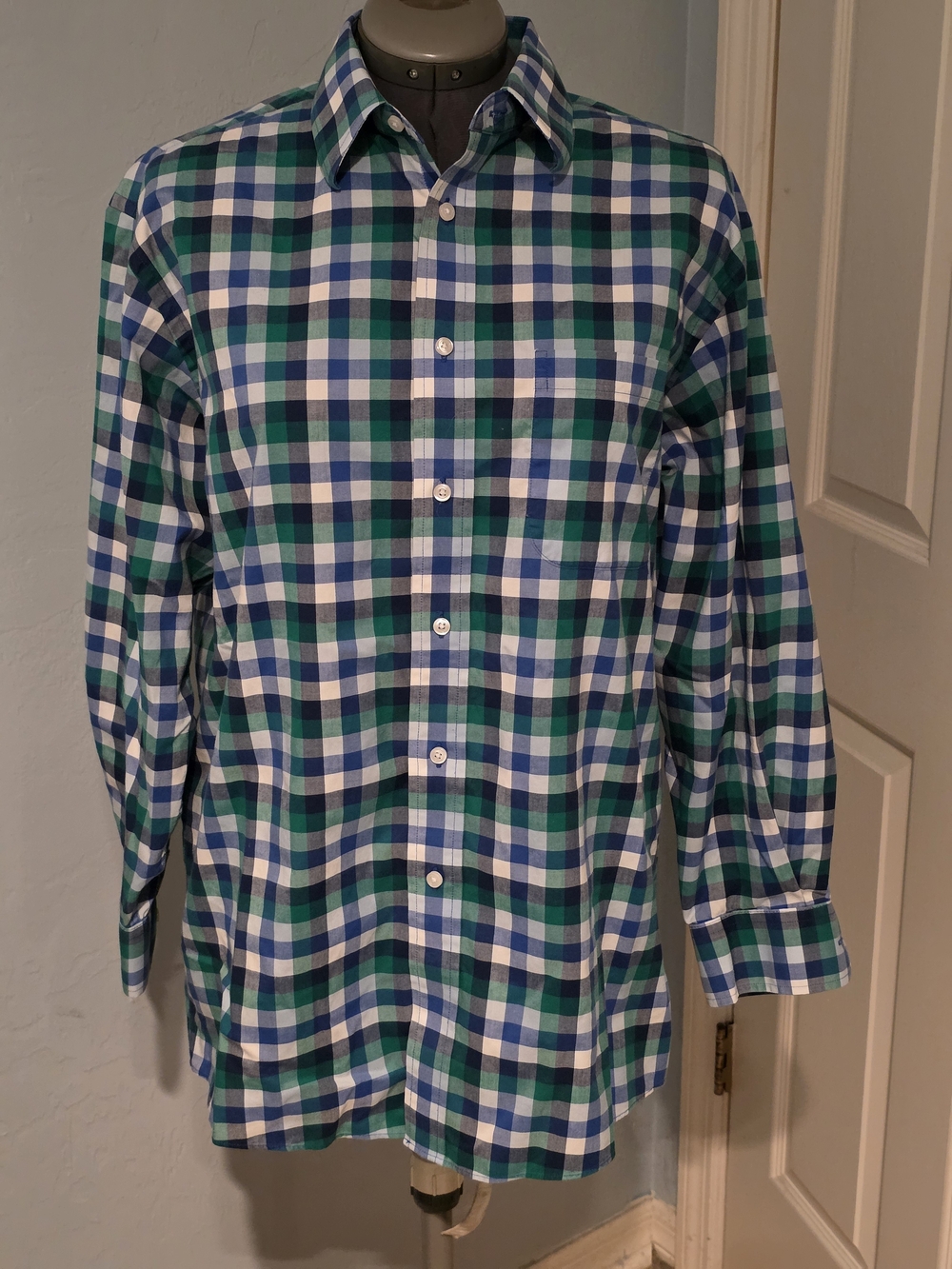 Jos. A. Bank Blue, Green & White Checked Dress Shirt